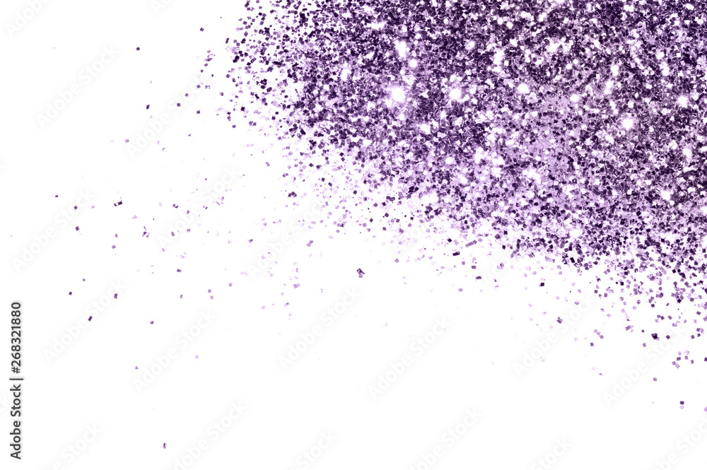 Purple glitter sparkles on white background. Beautiful abstract backdrop for vip design, fashion, make up, nail art, shopping, cards design, beauty concept Purple glitter sparkles on white background. Beautiful abstract backdrop for vip design, fashion, make up, nail art, shopping, cards design, beauty concept