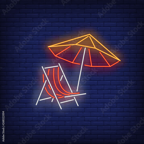 Beach umbrella and chair neon sign. Summer, holiday, vacation, resort design. Night bright neon sign, colorful billboard, light banner. Vector illustration in neon style.