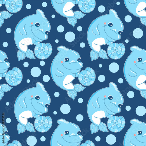 Abstract vector seamless pattern. Baby dolphin on colored background. Dolphin, seashell, water bubbles elements. Cartoon kids design, perfect for background, fabric, textile, wallpaper, paper