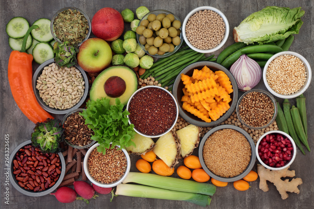 Alkaline health food concept for ph balance with vegetables, fruit, herbs, spice, whole wheat pasta & grains, legumes, green tea, seeds & nuts. High in omega 3, antioxidants, fibre & vitamins. Alkaline health food concept for ph balance with vegetables, fruit, herbs, spice, whole wheat pasta & grains, legumes, green tea, seeds & nuts. High in omega 3, antioxidants, fibre & vitamins.