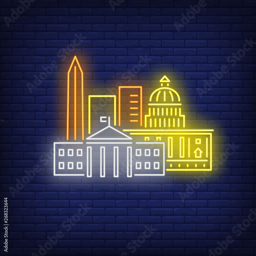 Washington DC buildings neon sign. Attraction, tourism, travel design. Night bright neon sign, colorful billboard, light banner. Vector illustration in neon style.