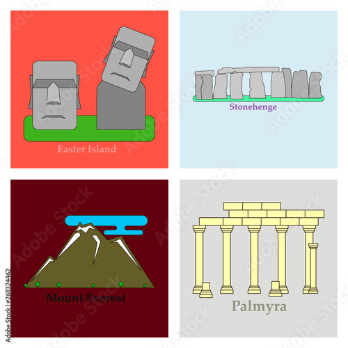Travel, journey concept. Famous monuments of world countries. Vector illustration