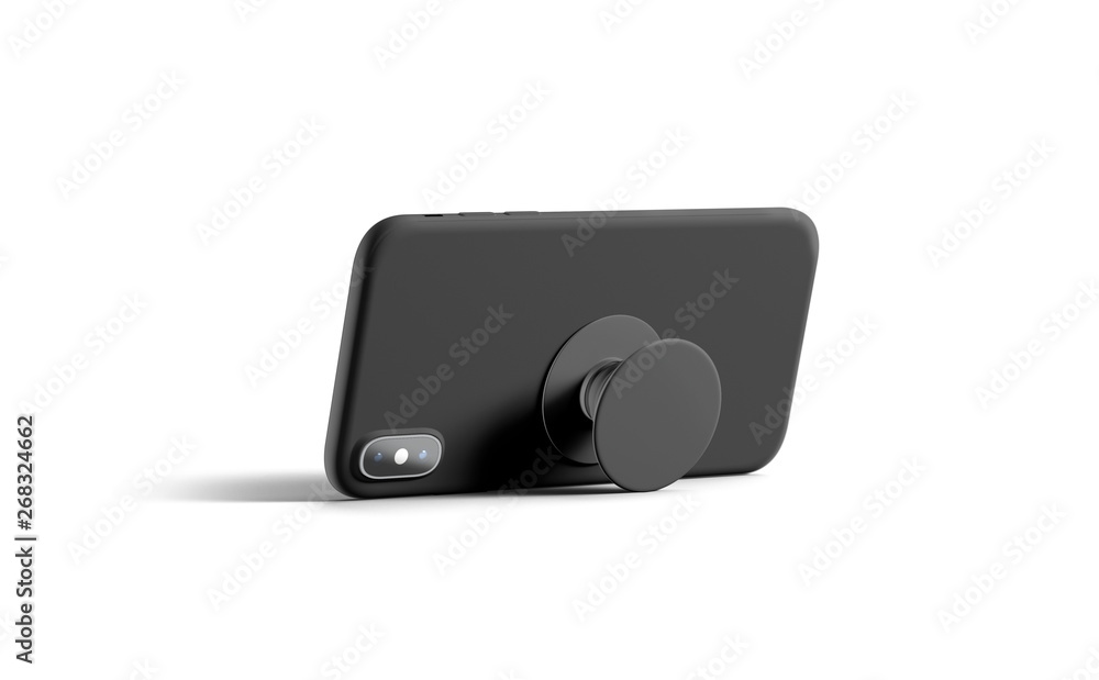 Blank black phone popsocket sticked on mockup, lying isolated, side view, 3d rendering. dark pop socket round holder for smart mock up. Clear attached grip on mobile. Stock