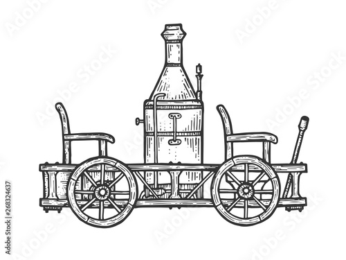 Old steam car transport sketch line art engraving vector illustration. Scratch board style imitation. Black and white hand drawn image.