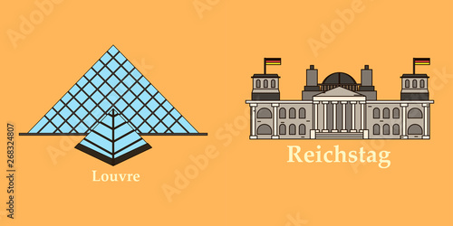 Travel, journey concept. Famous monuments of world countries. Vector illustration