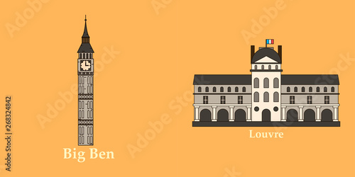 Travel, journey concept. Famous monuments of world countries. Vector illustration