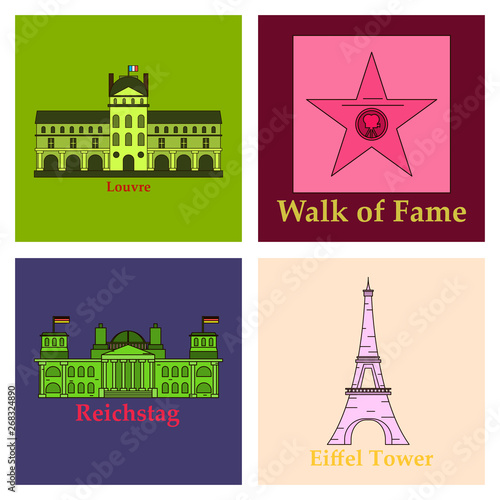 Travel, journey concept. Famous monuments of world countries. Vector illustration
