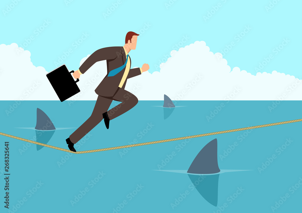 Obraz premium Businessman running on rope with sharks underneath