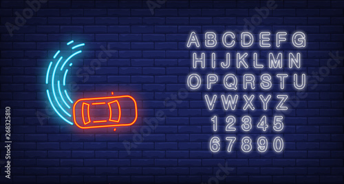 Drifting neon icon. Curve line and car on brick wall background. Auto racing concept. Vector illustration can be used for neon signs, billboards, formula poster