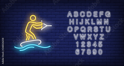 Person wakeboarding neon sign. Extreme sport and advertisement design. Night bright neon sign, colorful billboard, light banner. Vector illustration in neon style.