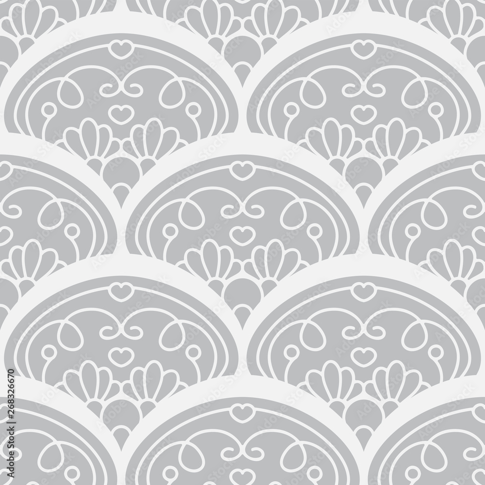 Vector seamless endless pattern. Damask pattern in white and silver grey colors. Openwork Victorian texture, minimalistic style background. Abstract design, perfect for textile, fabric, wallpaper Vector seamless endless pattern. Damask pattern in white and silver grey colors. Openwork Victorian texture, minimalistic style background. Abstract design, perfect for textile, fabric, wallpaper