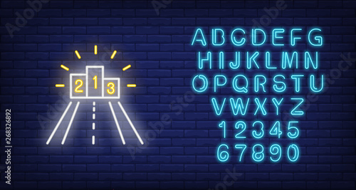 Prize podium neon icon. Road to winners pedestal on brick wall background. Racing concept. Vector illustration can be used for neon signs, billboards, championship promotion