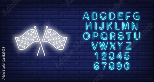 Racing flags neon icon. Crossed checkered flags on brick wall background. Car racing concept. Vector illustration can be used for neon signs, billboards, formula banners
