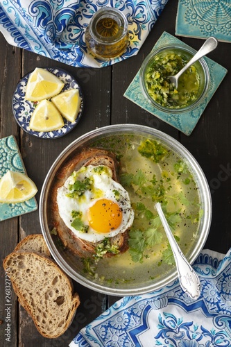 Sopa Alentejana - garlic soup with bread and egg from Portugal
