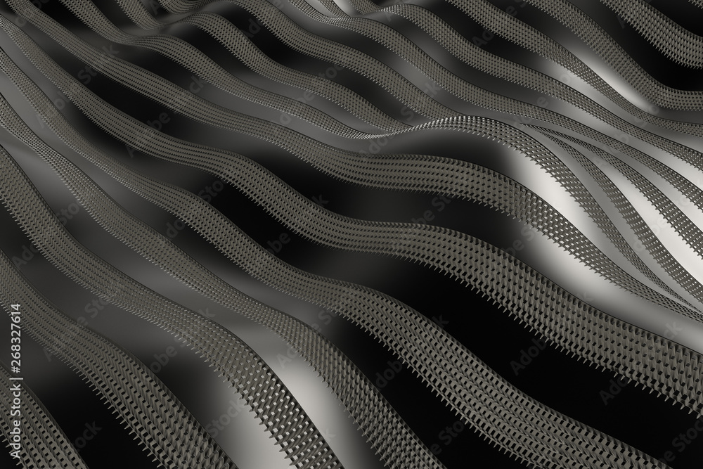 Naklejka premium 3d render metall background with reflections. Displacement surface. Random patterns extruded from the wavy shape.
