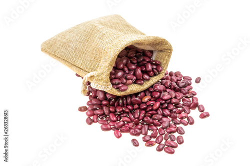 Red beans in burlap sacks (jute) isolated on white background