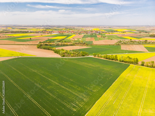Colorful agricultural fields at spring, aerial drone view