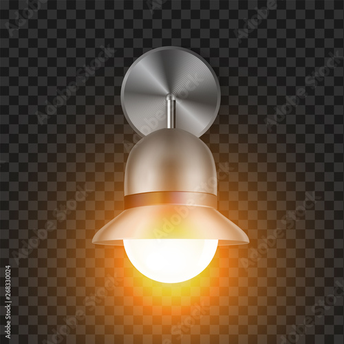 Shining Modern Sconce Element For House Vector. Outdoor Or Inside Metal Decorative Electric Wall Lamp Detail For Illuminate Room, Bar Or Studio. Building Light Equipment Realistic 3d Illustration