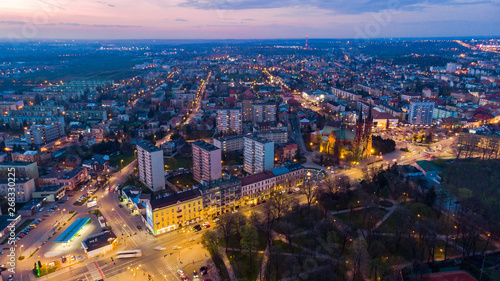 Aerial view over Tarnow city in Poland at sunset