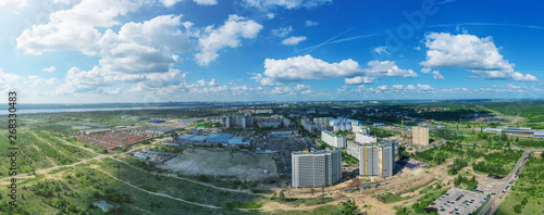 Aerial Panorama of New Residential Houses or Buildings on Outskirts of City in Sunny Summer Day
