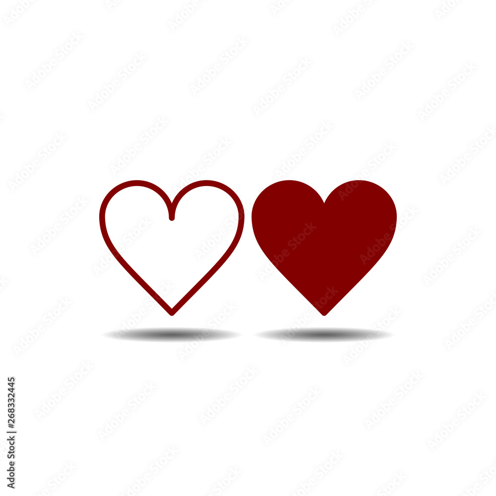 Vector image of flat, isolated two hearts of red color. Design of flat, contour and linear heart icons
