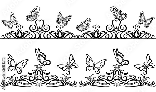 Horizontal Seamless Patterns with Butterflies Black Contours on Tile White Background. Vector