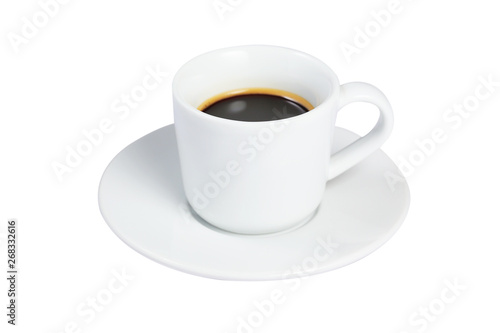 Coffee cup on wooden table isolated on white background with clipping path. Business time with coffee, Coffee cup for product display, free copy space. Industrial food, drink background concept.