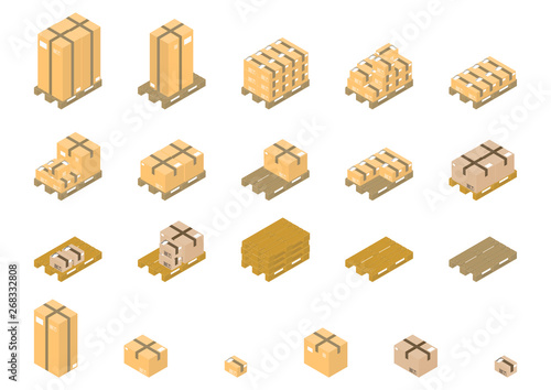 Set of europallets and cardboard boxes. Isometric view. Flat vector.