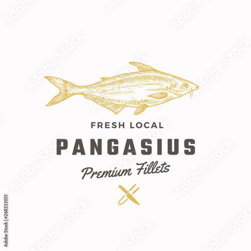 Pangasius Abstract Vector Sign, Symbol or Logo Template. Hand Drawn Basa Fish with Classy Retro Typography. Tongs and Knife Icon. Vintage Vector Emblem.