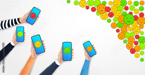 Customer feedback, review. Social media marketing business concept. Many hands holding smartphone with mobile app and smileys icons feedback isolated on white background. Vector illustration