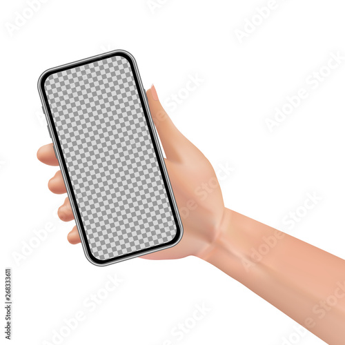 Realistic woman hand holding smartphone with blank screen isolated on white background. Vector illustration