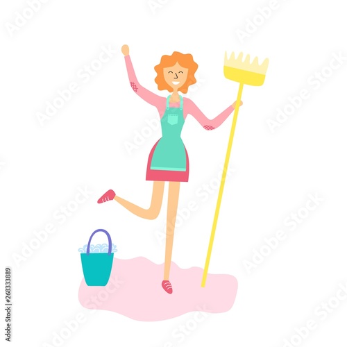 Maid with a mop does the cleaning