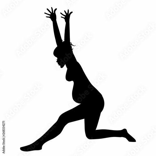 Young pregnant woman silhouette practicing yoga stretching fitness isolated on white