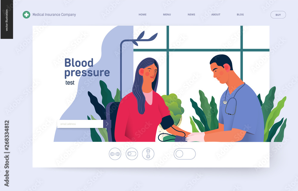 Medical tests template - blood pressure test - modern flat vector concept digital illustration of blood pressure measurement procedure - a patient and doctor with a meter, medical office or laboratory