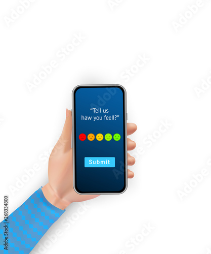 Feedback concept. Customer satisfaction or service quality survey on mobile app. Woman hand holding smartphone with emoticon icon set isolated on white background. Flat vector illustration.