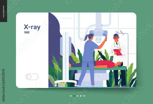 Medical tests template - x-ray test - modern flat vector concept digital illustration of x-ray procedure - a patient and doctors with a x-ray machine, medical office or laboratory