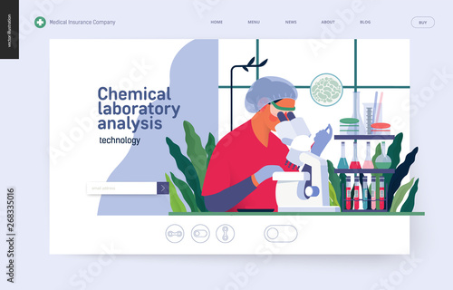 Medical tests template -chemical laboratory analysis - modern flat vector concept digital illustration of laboratory analysis -woman laboratory assistance with microscope, medical office or laboratory