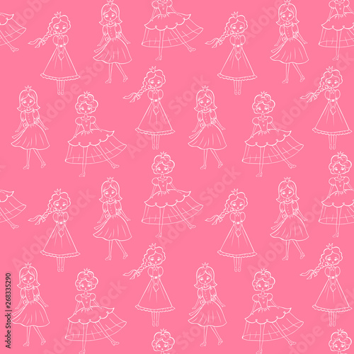 Pink Seamless pattern with outline cute little princess girls. Vector illustration in cartoon style.