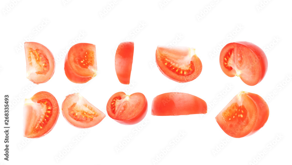 Red tomato slice collage isolated on white background Red tomato slice collage isolated on white background