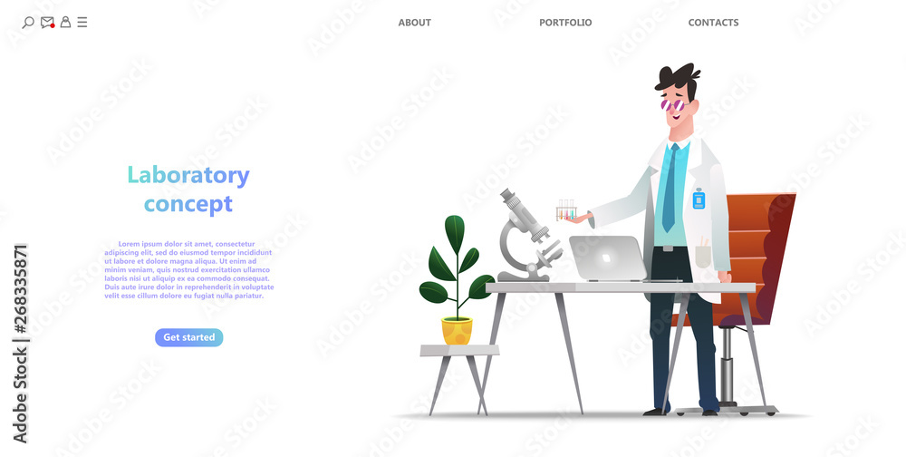Medical Scientist Laboratory Microscope Test Landing Page. Web page design templates collection of medical research, laboratory diagnostic, medical device development, family health protection vector