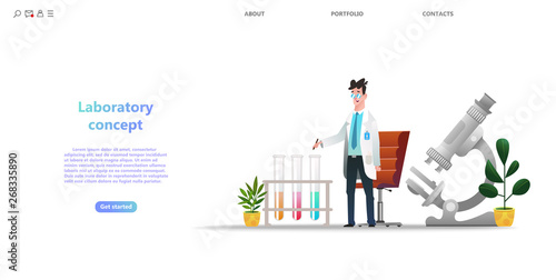 Medical research laboratory concept in cartoon style. Cartoon character laboratory assistent. Pharmaceutical or chemical lab with microscope and test tubes equipment business landing page tamplate