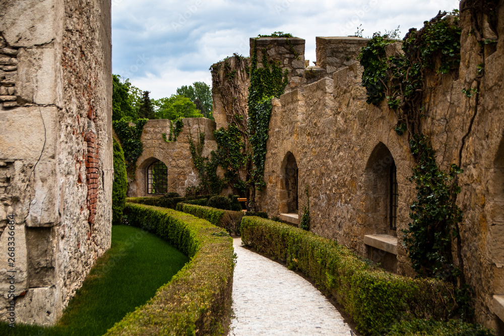 Terrace of the Bojnice castle in a Slovakia with greenery by the castle wall