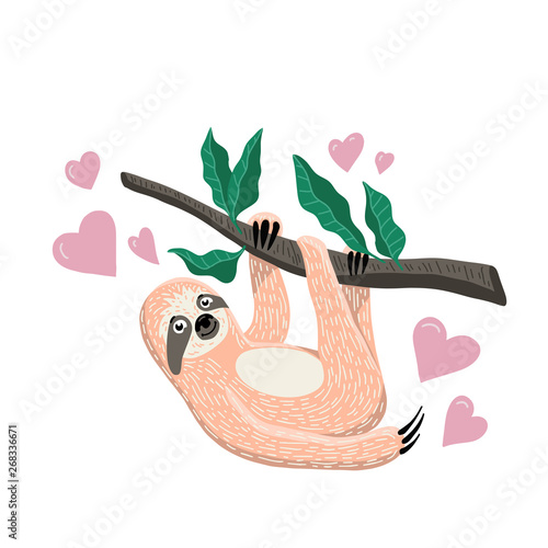 Cute hand drawn sloth hanging on the tree branch. Cartoon flat style. Vector illustration