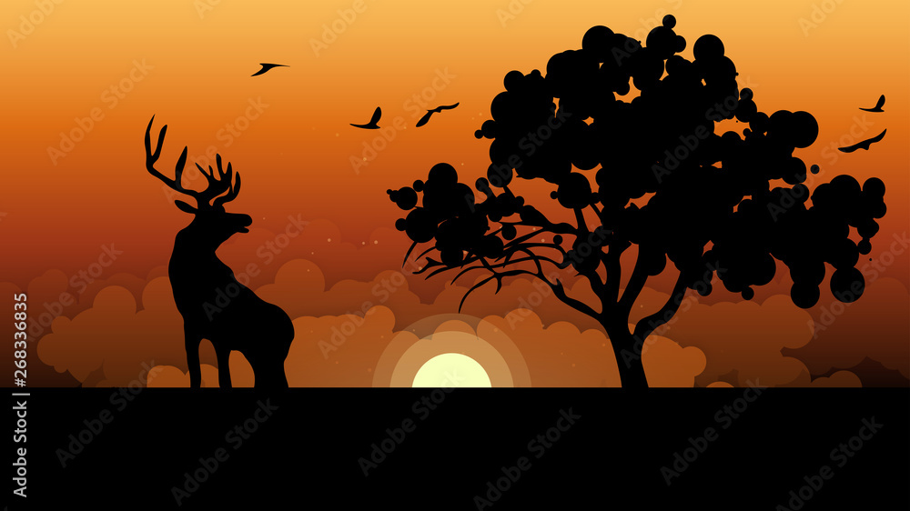 Silhouettes of deer and tree against sunset. Illustration of landscape