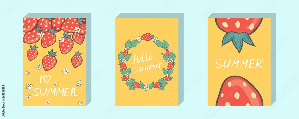 Vector illustration. Strawberries on a yellow background. Postcard, template, banner, background, poster.