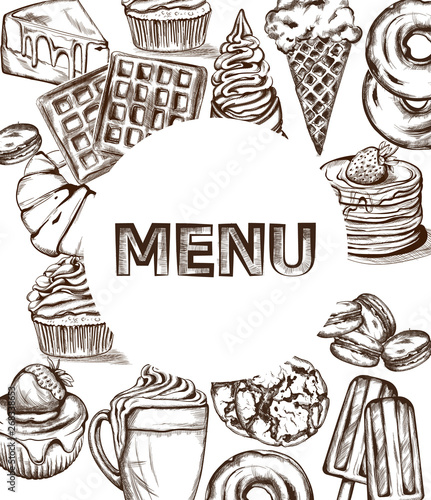 Sweets menu template Vector line art style. Ice cream  croissant  pancakes illustrations