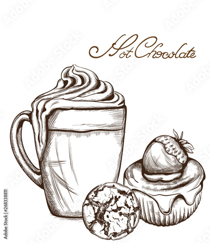 Hot chocolate and cupcake Vector line art style. Delicious sweets illustrations