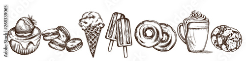 Sweets pattern Vector line art style. Ice cream, croissant, pancakes illustrations