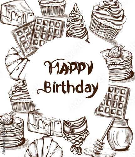 Sweets card Vector line art style. Ice cream, croissant, pancakes illustratio...