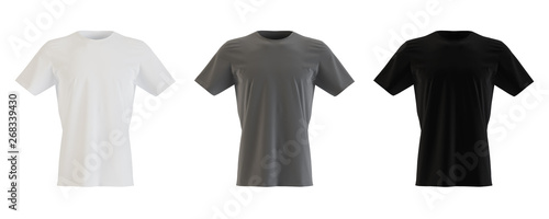 Layout of men's t-shirts with short sleeves on a white background. Black, gray and white version. 3D rendering.